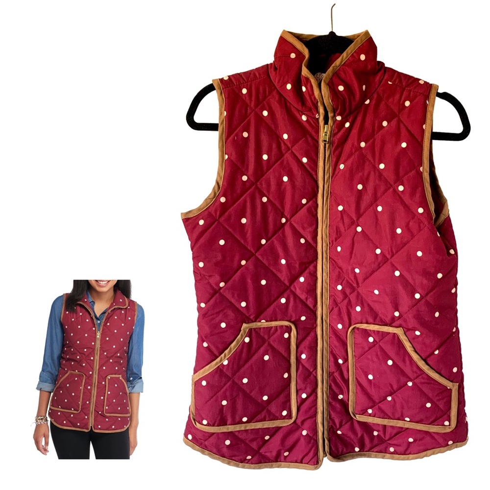 Red Camel Quilted Polka Dot Puffer Vest in Burgundy with Tan Trim
